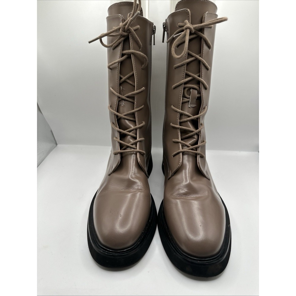 Anthropologie Pilcro Boots Stompy Genuine Patent Leather Lace Up Taupe 39 Combat - Picture 4 of 12